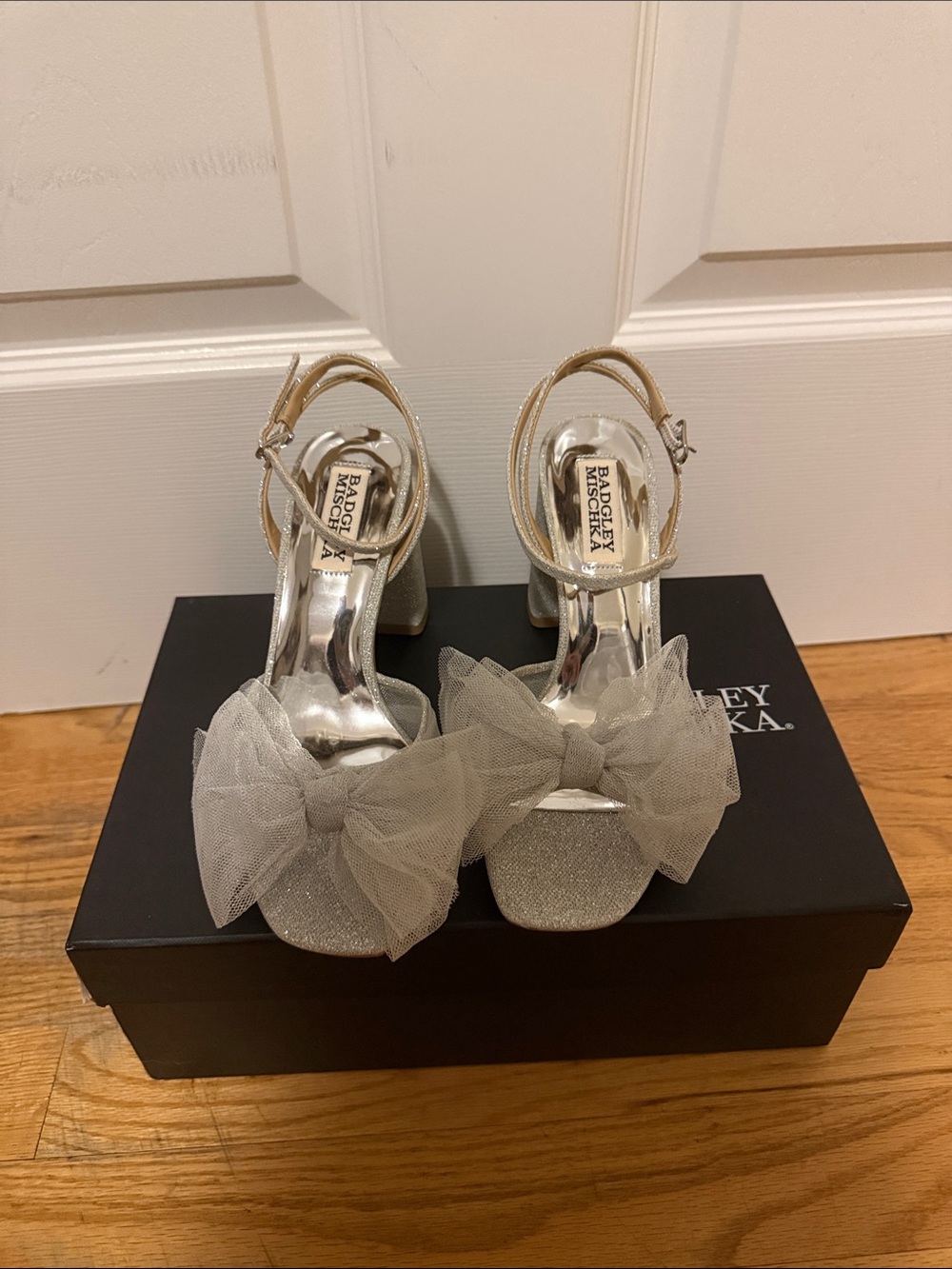 Badgley Mischka Silver Tulle Bow Block Heel Sandals
